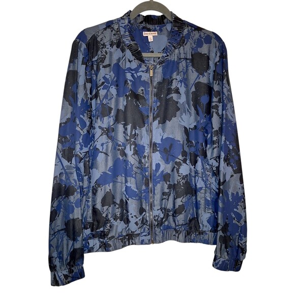 JUICY COUTURE BLUE FLORAL CAMO ZIP BOMBER Chambre LYOCELL JACKET SIZE XL - Picture 1 of 4